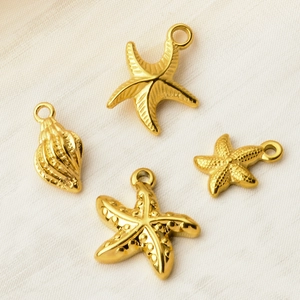 Golden stainless steel starfish and seashell pendants for DIY ocean jewelry making