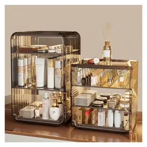 Detail of grey transparent acrylic organizer with side-opening door for kitchen storage