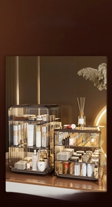 Detail of grey transparent acrylic organizer with side-opening door for kitchen storage