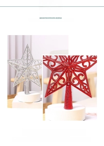 Detailed close-up of hollowed-out red and silver star tree toppers with glitter texture