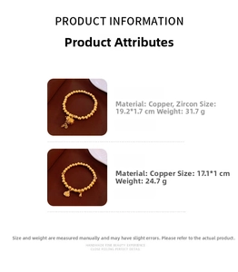 Detailed specs of zircon gourd and coin copper bracelets with exact size and weight info