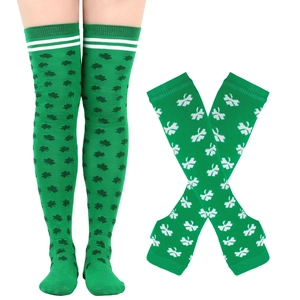 Detail of green clover over-knee socks and arm sleeves with white striped trim