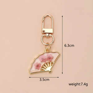 Pink sakura fan keychain details showing 6.3cm size and dried flower resin inlay