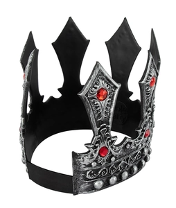 Close-up of vintage royal crown with red rubies and weathered silver finish for cosplay
