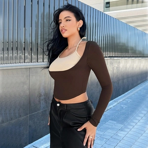 Kurzes Oberteil mit Ausschnitt, Neckholder und langen Ärmeln in Braun und Beige