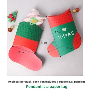 Detail of 10pcs Christmas sock-shaped gift boxes with X-MAS prints and checkered tags