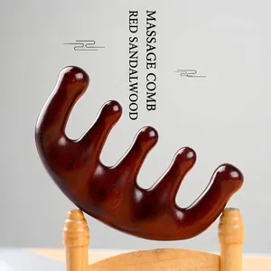 Red sandalwood scalp massage comb with ergonomic five-tooth design for meridian therapy