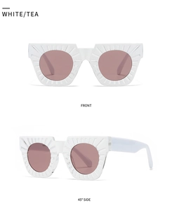 Detailed front and side view of white square sunglasses with ribbed texture and tea lenses