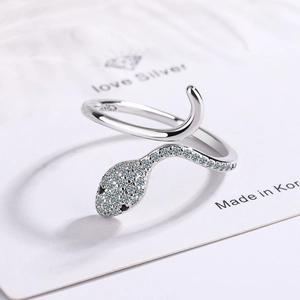 Women's Fashion Snake Shaped Open Ring Copper Platinum Plated With White Rhinestone Inlaid Adjustable Animal Design Finger Ring Jewelry
