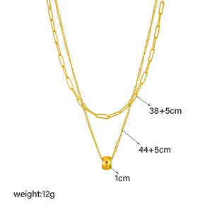 Double-layered gold titanium steel necklace with paperclip chain and bead pendant