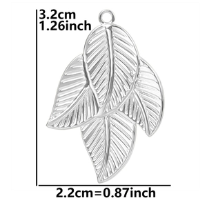 Detail of silver stainless steel leaf pendant showing dimensions 3.2cm by 2.2cm