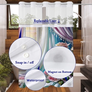 Waterproof shower curtain with snap-in liner and magnetic bottom weights