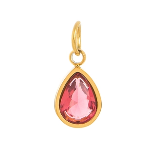 18K gold plated stainless steel teardrop pendant with pink gemstone inlay on white background