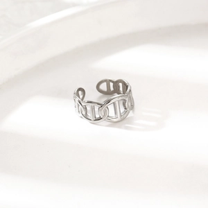 Polished silver C-shaped anchor link open ring with minimalist pig nose design for women