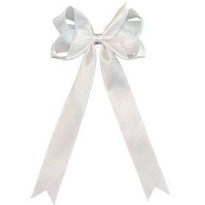 Detail of white satin bow hair clip with elegant long ribbons and swallowtail cut