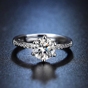 Macro shot of a classic six-prong silver moissanite ring with side accent diamonds