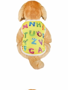 Close-up of yellow breathable mesh dog vest featuring colorful cartoon letter prints