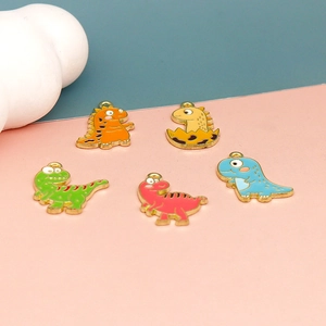 Five colorful cartoon enamel dinosaur pendants for DIY jewelry making on bicolor background