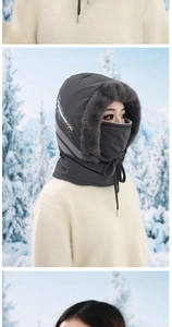 Close-up of winter fleece hood with gray faux fur trim and integrated face mask