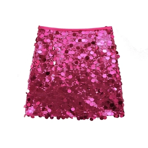 Flat lay of a vibrant rose red sequin mini skirt on a white background with A-line fit