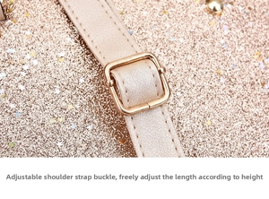 Detail of adjustable shoulder strap with gold buckle on sequined rose gold shell bag