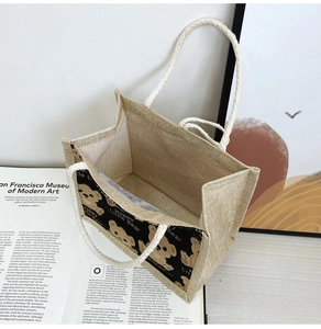 Top view of large capacity bear tote bag showing durable jute texture and inner space