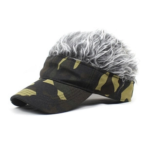 Camouflage sun visor hat with grey synthetic wig hair for outdoor fashion and styling