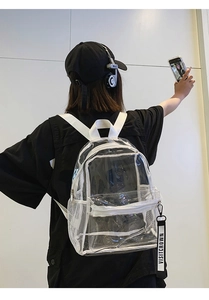 Modern transparent PVC backpack with white straps and mesh pockets shown on a model