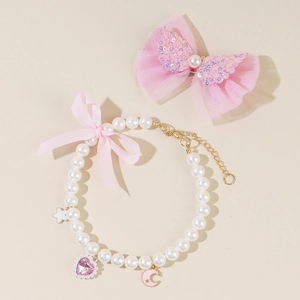 Handmade pink pearl pet necklace with sequin bow hairclip set for cats and dogs