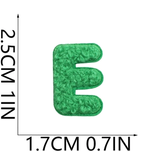 Detail showing dimensions of green chenille letter E embroidery patch for clothing