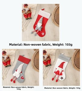 Detail of gnome Christmas stocking made of non-woven fabric weighing 103g for holiday decor