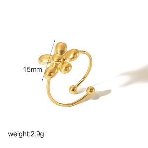 Elegant 18k gold plated stainless steel open ring with 15mm flower design, weight 2.9g