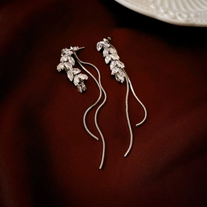 Elegant Wheat Ear Tassel Dangle Earrings Zircon Alloy With 925 Sterling Silver Earring Post Long Leaf Jewelry For Women