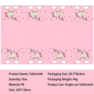 Nappe licorne et arc-en-ciel rose pour anniversaire d'enfant en PE, 220x130cm