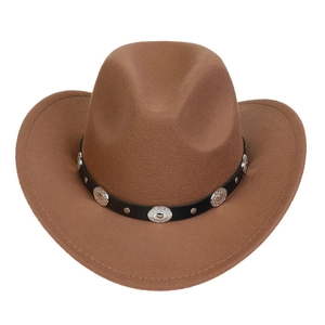 Classic brown western cowboy hat with studded leather band and upturned brim style