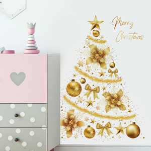 Golden Christmas tree wall stickers with stars and flowers on white wall background
