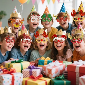 Enfants portant des lunettes de Noël à paillettes, renne et Père Noël, lors d'une fête festive