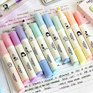 10-piece set of pastel dual-tip highlighters with cartoon illustrations on a notebook