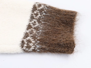 Detailed macro shot of jacquard knit cardigan cuff showing soft mohair wool texture