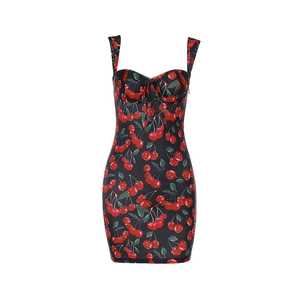 Elegant black bodycon strap dress with red cherry print and heart-shaped neckline