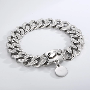 Close-up of 316L stainless steel dog collar with cubic zirconia encrusted cuban links
