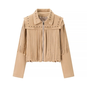 Veste En Suédine À Franges Pour Femmes Style Cowboy Occidental Clous Glands Fermeture Éclair Col Revers Manteau