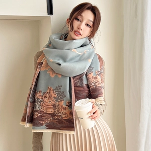 Thick vintage landscape print pashmina scarf with elegant tassels in grey and brown