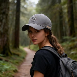 Graue Baseballkappe mit NY-Stickerei und NY&LA Goldtext beim Wandern im Wald