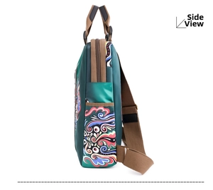 Side view detail of a green stylish backpack featuring colorful traditional art patterns