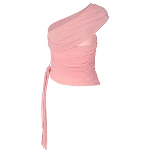 Detail of light pink one-shoulder top with ruched texture and elegant draped streamers