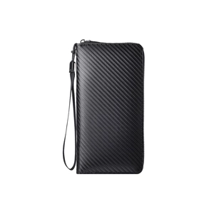 Men's black carbon fiber texture wallet with wrist strap and zipper closure