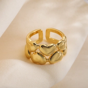 Polished gold plated double heart open ring with a minimalist geometric design for women
