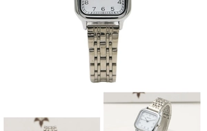 Detailed views of a square women's watch featuring a silver steel band and white dial