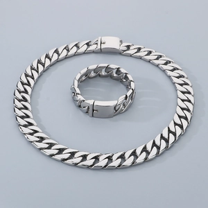 Close-up of polished 20mm silver titanium steel Cuban link chain necklace and bracelet set